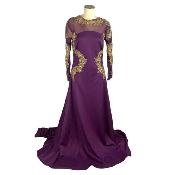 Walter Mendez Purple Evening Gown Dress Formal Prom Gold with Train - Picture 1 of 16